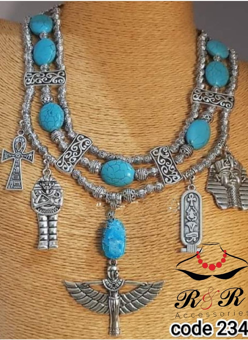A multi-layered women's necklace, a pharaonic model, made of turquoise, acrylic and nickel silver