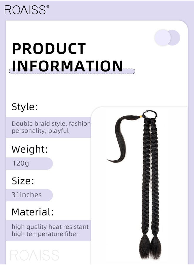 roaiss - Double Braided Ponytails Extension, 80 cm Long Straight Wrap Around Ponytail Hair Extension with Elastic Hair Tie, Natural Soft Synthetic Hairpiece for Girls Women Party Daily Wear (Black) - Image 1