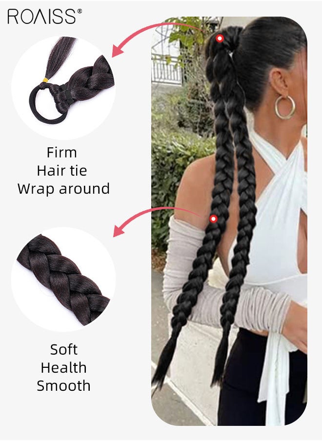 roaiss - Double Braided Ponytails Extension, 80 cm Long Straight Wrap Around Ponytail Hair Extension with Elastic Hair Tie, Natural Soft Synthetic Hairpiece for Girls Women Party Daily Wear (Black) - Image 1