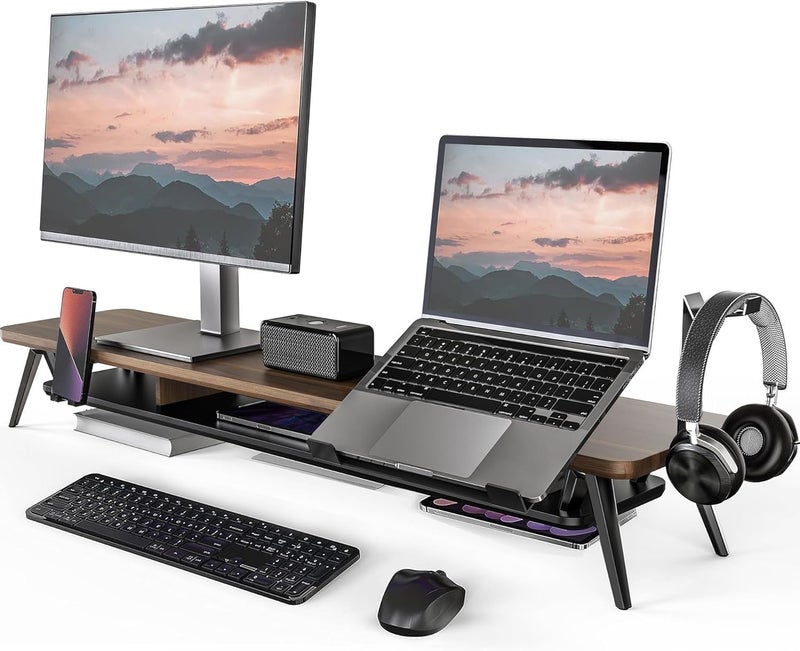 Fenge Dual Monitor Stand, Monitor Riser for 2 Monitors with Adjustable Laptop Riser , 42.5 Inch Desk Shelf for Top of Desk with Phone Holder& Headphone Stand - Image 1