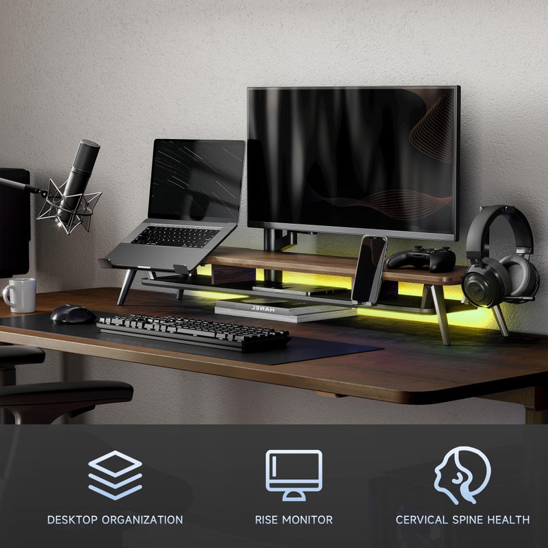 Fenge Dual Monitor Stand, Monitor Riser for 2 Monitors with Adjustable Laptop Riser , 42.5 Inch Desk Shelf for Top of Desk with Phone Holder& Headphone Stand - Image 2