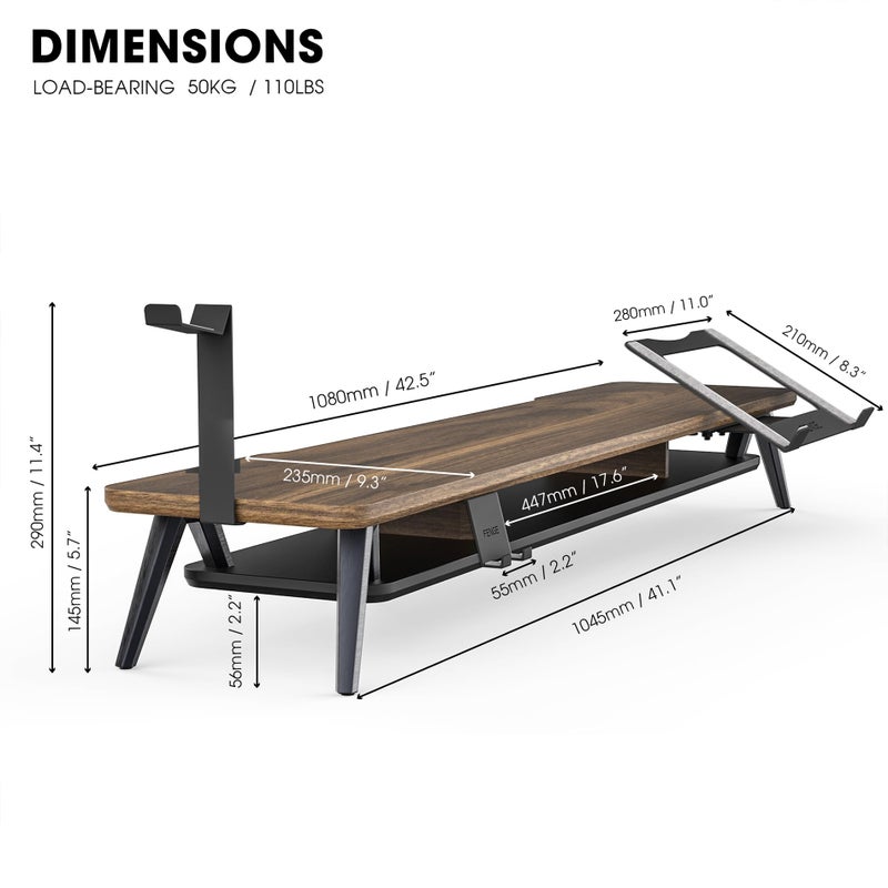 Fenge Dual Monitor Stand, Monitor Riser for 2 Monitors with Adjustable Laptop Riser , 42.5 Inch Desk Shelf for Top of Desk with Phone Holder& Headphone Stand - Image 5