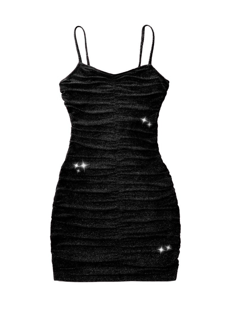 EXARUS فستان رسمي قصير ضيق وجميل بأكمام طويلة وحمالات رفيعة من إكساروس للبنات، مناسب لحفلات المراهقات والرقص، باللون الأسود اللامع، مقاس 10 سنوات. - Image 1