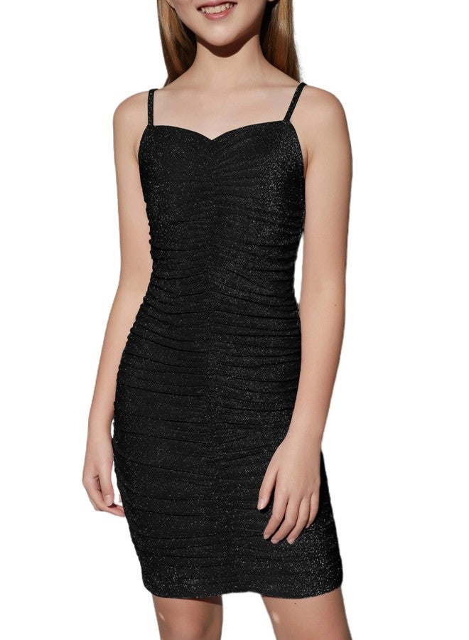 EXARUS فستان رسمي قصير ضيق وجميل بأكمام طويلة وحمالات رفيعة من إكساروس للبنات، مناسب لحفلات المراهقات والرقص، باللون الأسود اللامع، مقاس 10 سنوات. - Image 4