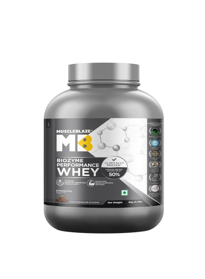 MuscleBlaze Biozyme Performance Whey Protein Powder, Rich Chocolate (2kg / 4.4lbs) | 25g Protein Per Scoop | Clinically Tested 50% Higher Protein Absorption - Image 1