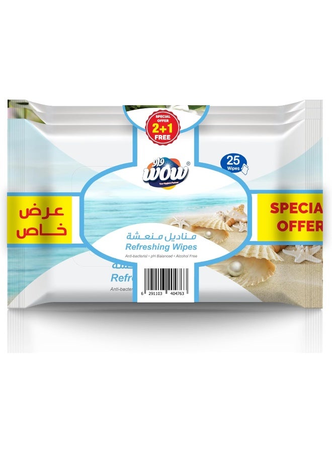 WOW Refreshing Anti-Bacterial PH Balanced Alcohol Free Wipes - 25's 2+1 Free