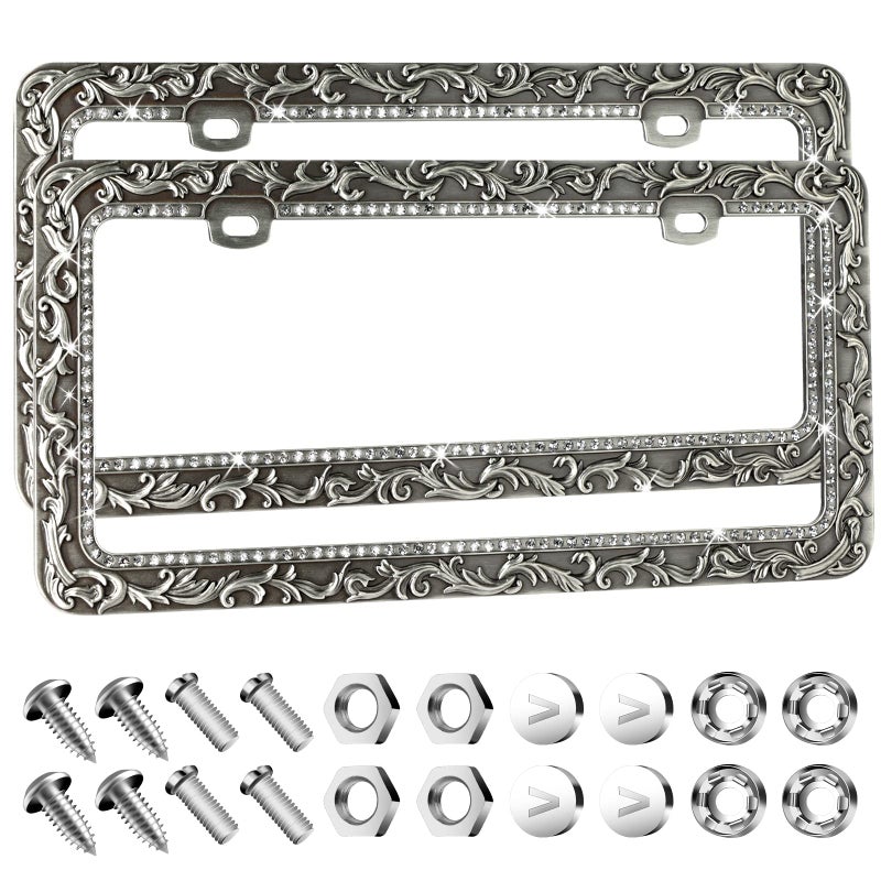 Valor Metal Car License Plate FramesAntique Old Pattern Printing Bling Crystal Rhinestones InlaidUniversal 2 Holes Automotive Replacement Parts Plate Holder2 Pack