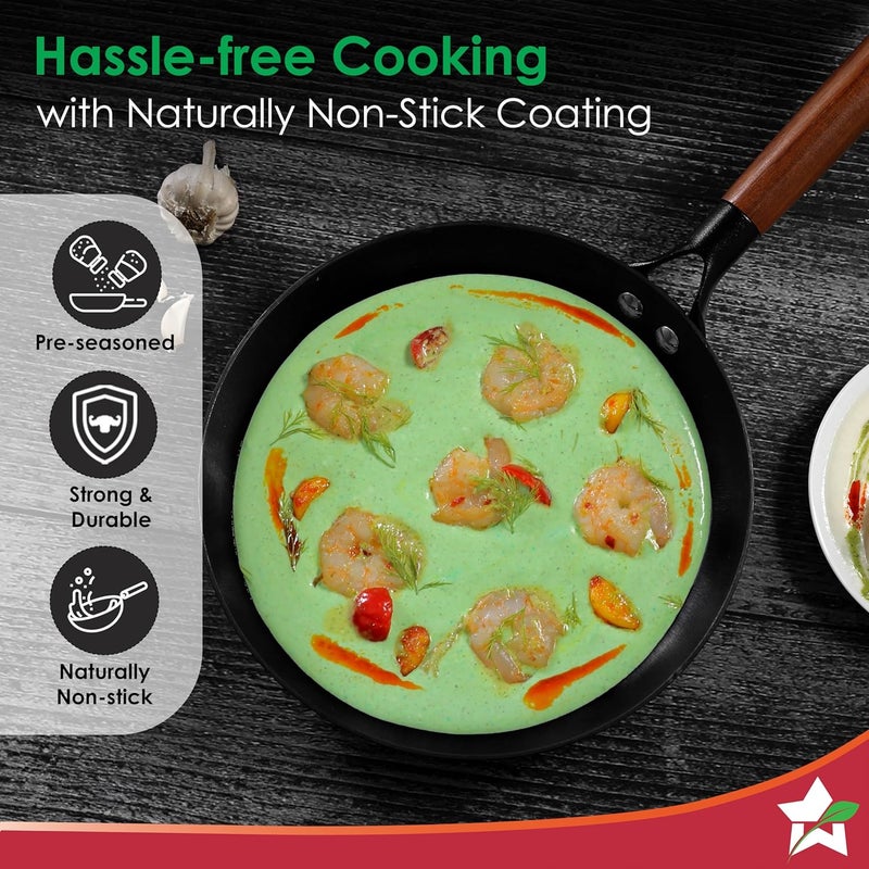 Wonderchef مقلاة حديد زهر خفيفة مسبقة التتبيل 20 سم من وندر شيف | 800 مل | مقHandles خشبية من الأكاسيا | تقنية تشكيل الجاذبية | بدون طلاء كيميائي | ضمان 10 سنوات - Image 4