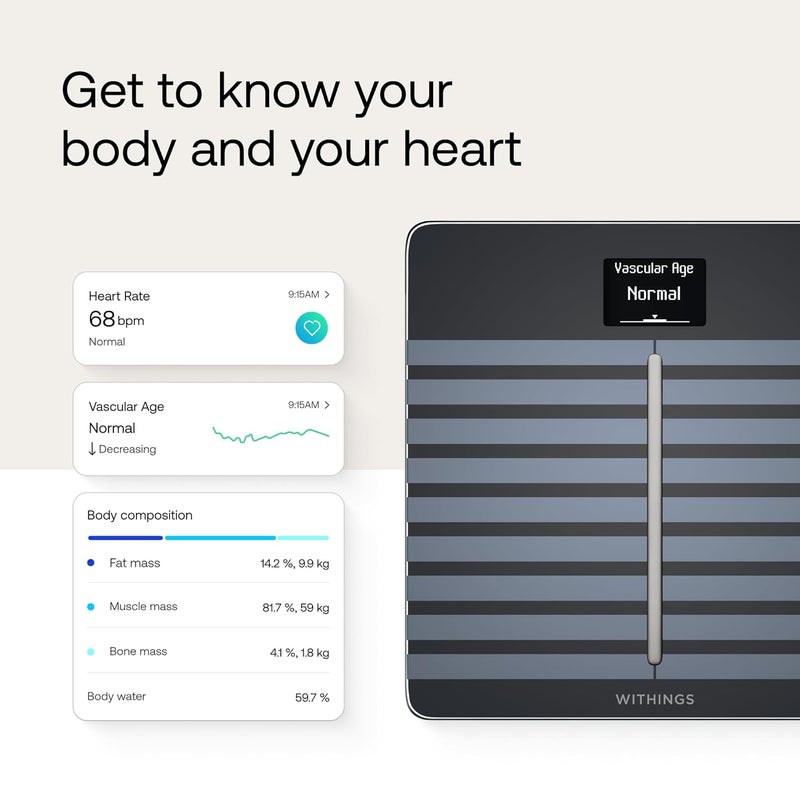 Withings Body Cardio Premium WiFi Body Composition Smart Scale Tracks Heart Health Vascular Age BMI Fat Muscle and Bone Mass Water Digital Bathroom Scale Black - Image 3