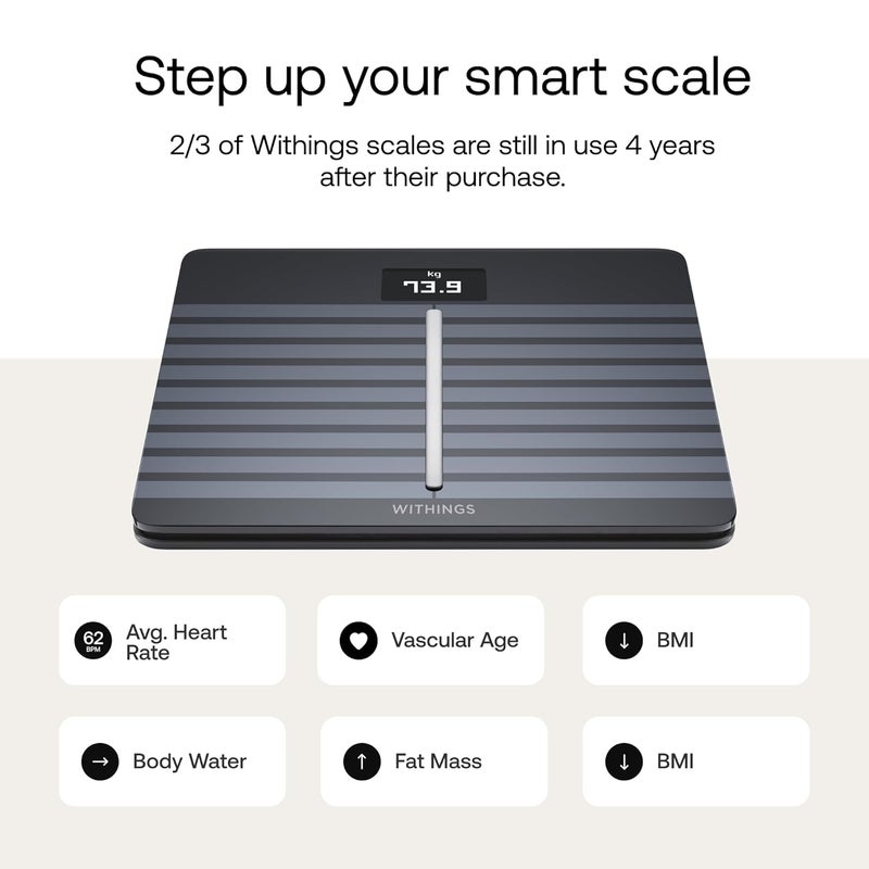 Withings Body Cardio Premium WiFi Body Composition Smart Scale Tracks Heart Health Vascular Age BMI Fat Muscle and Bone Mass Water Digital Bathroom Scale Black - Image 2