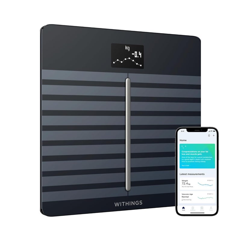Withings Body Cardio Premium WiFi Body Composition Smart Scale Tracks Heart Health Vascular Age BMI Fat Muscle and Bone Mass Water Digital Bathroom Scale Black - Image 1