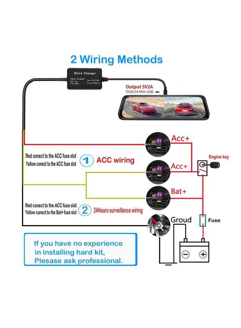 DUNISO Hardwire Kit for Dashcam 11ft MICRO USB Converts 12V-24V to 5V/2.5A, 24 Hours Parking Mode Car Dash Camera Charger Cable kit with Low Voltage Protection, 8 Fuse Holders Tap Cable - Image 4