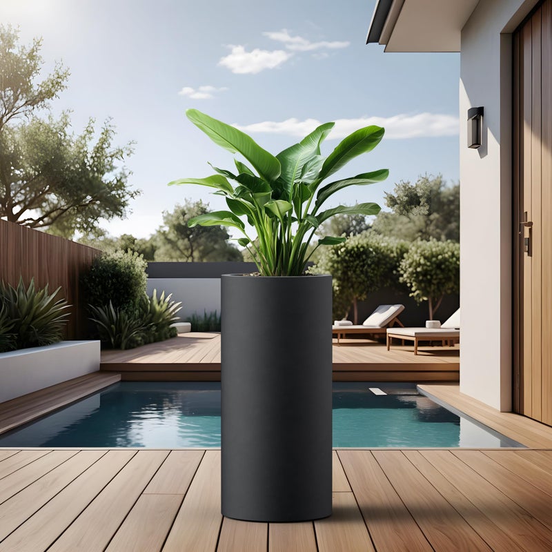 Kante 23.6 Inch Tall Cylindrical Planter, Large Round Plant Pots with Drainage Hole, Made with Concrete, Suitable for Indoor Outdoor Plants, Home Decor, Black Finish with Painted Interior - Image 5