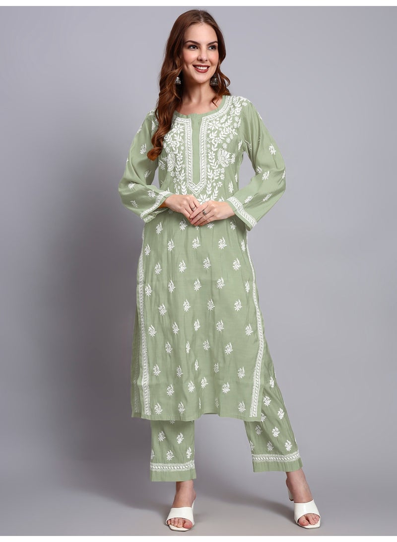 Alaya Hand Embroidered Chikankari Chanderi Kurta Set-AL4089KS - Image 1