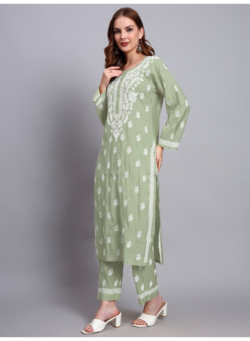 Alaya Hand Embroidered Chikankari Chanderi Kurta Set-AL4089KS - Image 4