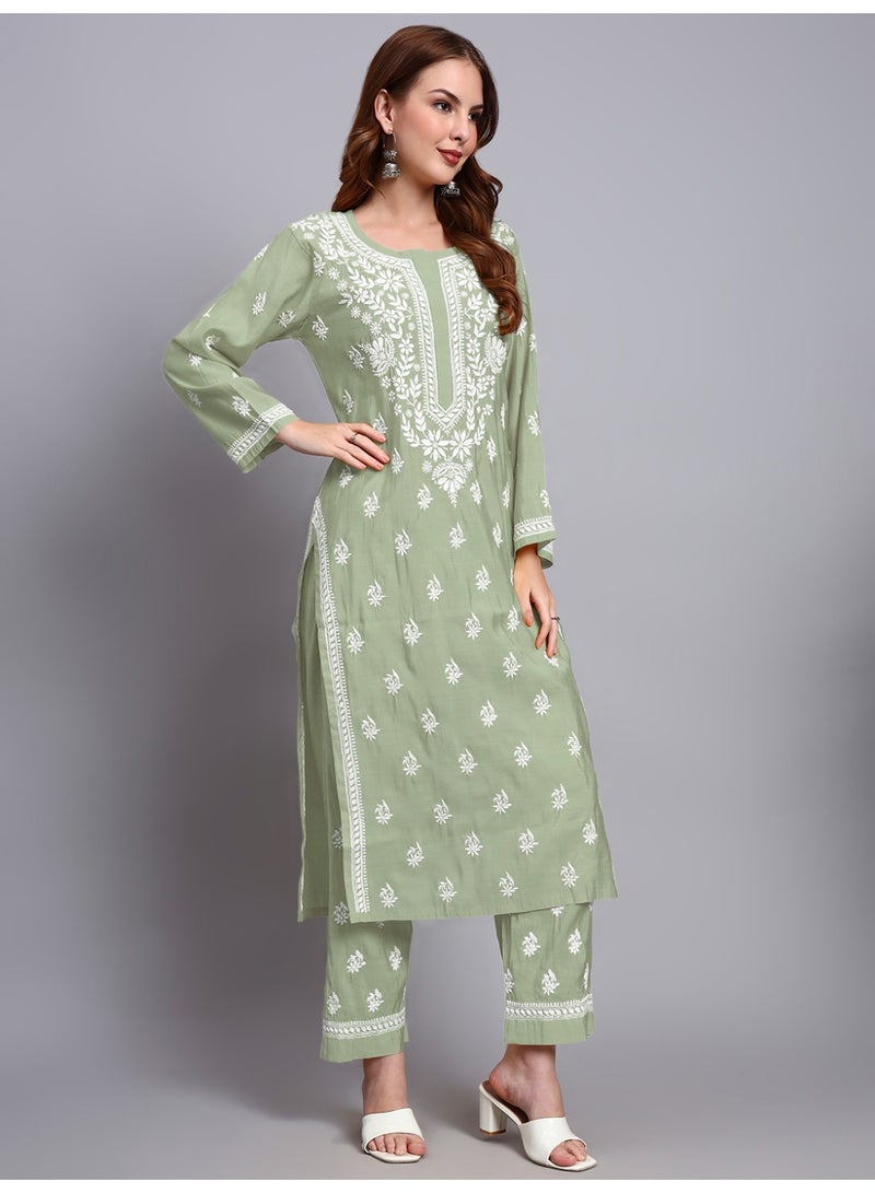 Alaya Hand Embroidered Chikankari Chanderi Kurta Set-AL4089KS - Image 3