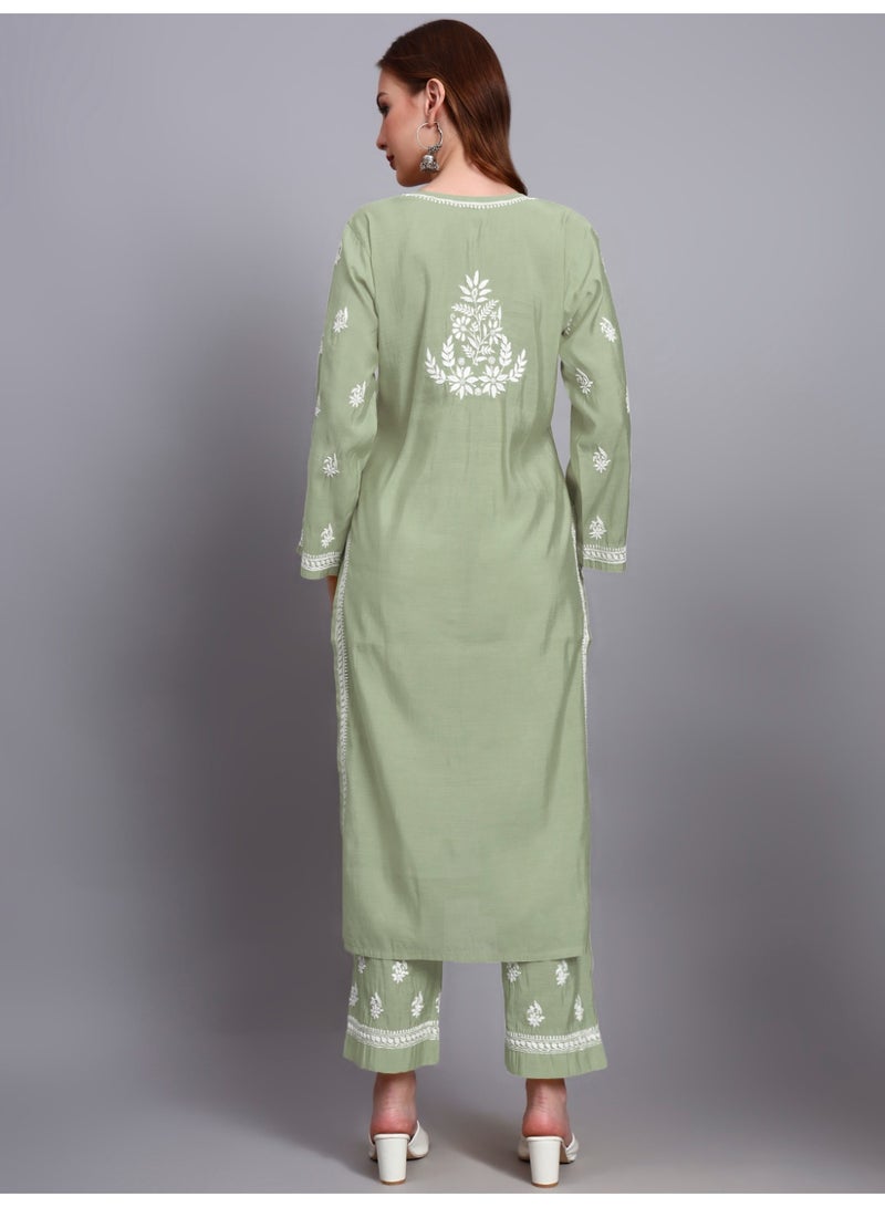 Alaya Hand Embroidered Chikankari Chanderi Kurta Set-AL4089KS - Image 2