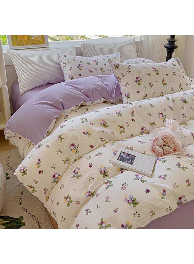 4-Piece Cotton Bedding Set – Cream Floral Print with Lavender Accents, Soft & Breathable, Reversible Pastel Design for Double/King Size Beds  - Image 1