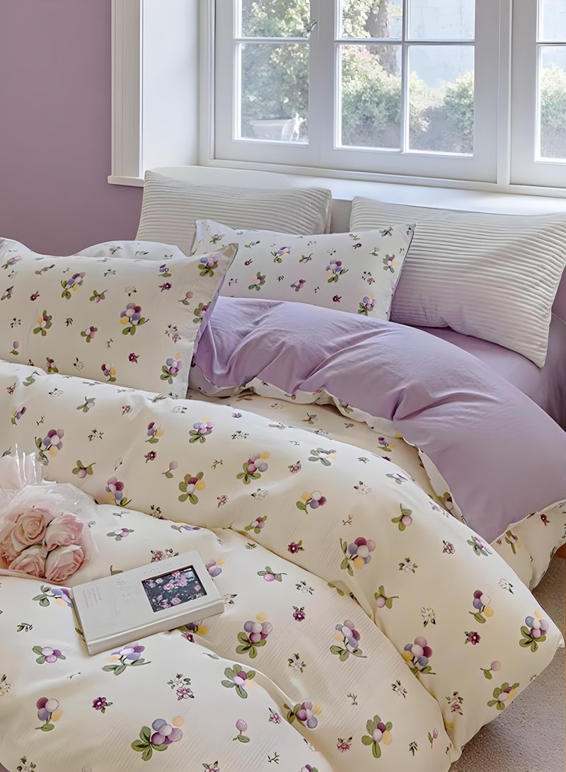 4-Piece Cotton Bedding Set – Cream Floral Print with Lavender Accents, Soft & Breathable, Reversible Pastel Design for Double/King Size Beds  - Image 1