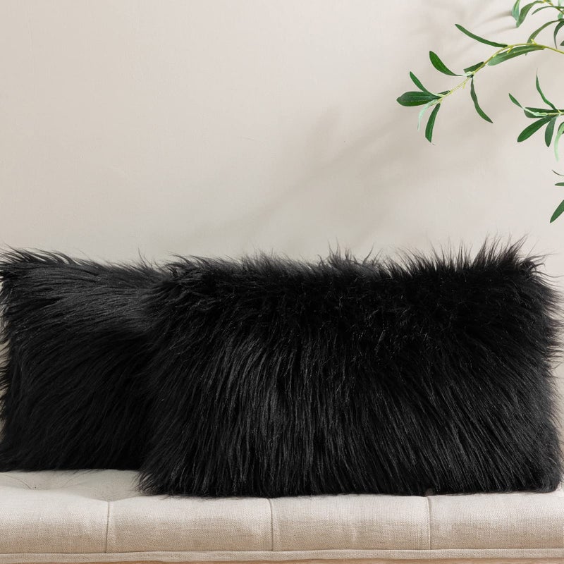 Phantoscope Pack of 2 Faux Fur Solid Throw Decorative Pillow Cover Cushion Covers Luxury Soft Decorative Pillowcase Fuzzy Pillow Covers for BedCouchBlack 12 x 20 Inches