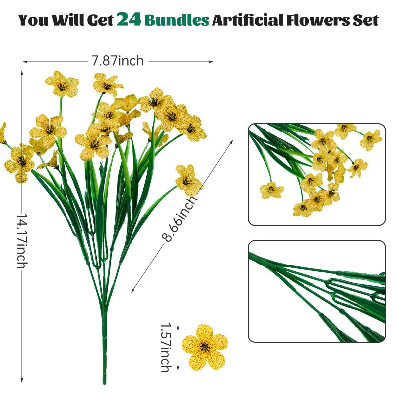 Lnoicy 24 Pcs Artificial Flowers for Outdoor,Plastic Flowers Decoration, UV Resistant Faux Flowers Shrubs, Artificial Plants for Indoor Outside Garden Home Wedding Farmhouse(Yellow) - Image 2