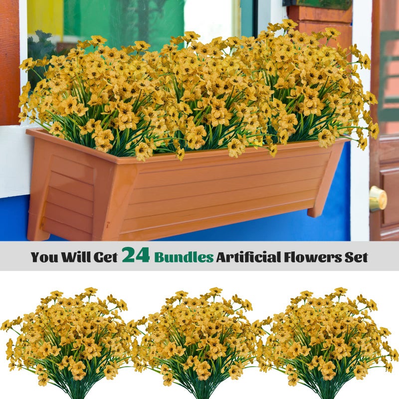 Lnoicy 24 Pcs Artificial Flowers for Outdoor,Plastic Flowers Decoration, UV Resistant Faux Flowers Shrubs, Artificial Plants for Indoor Outside Garden Home Wedding Farmhouse(Yellow) - Image 3