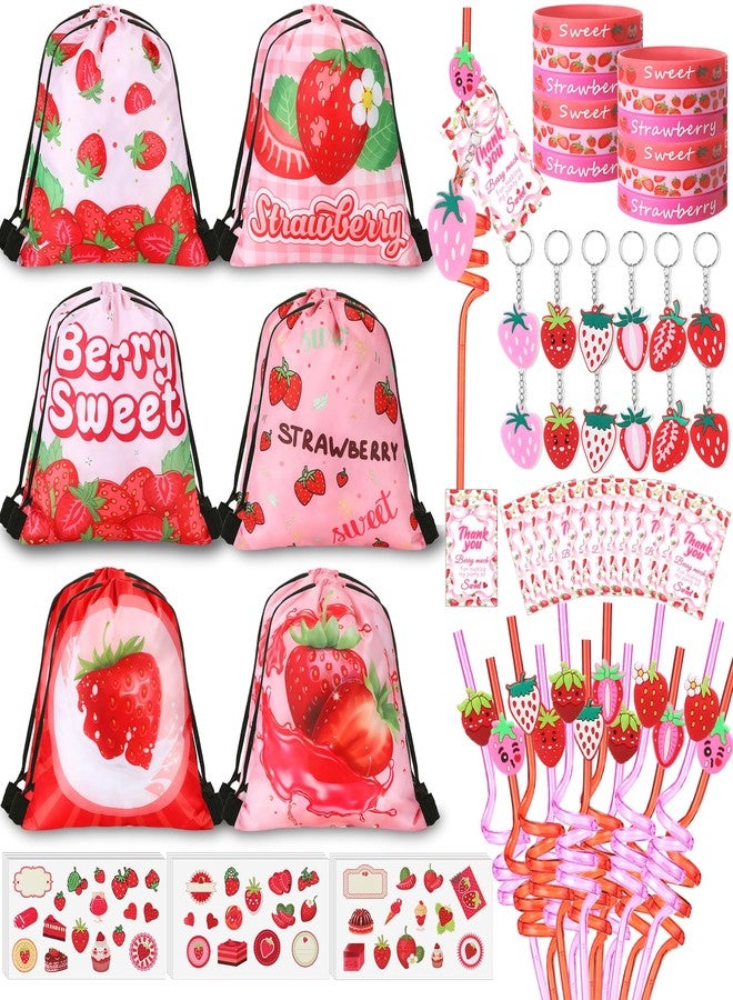 LemonRoad 73 Pcs Strawberry Party Favors Set Berry Birthday Supplies Includes Drawstring Bags Keychains Bracelets Stickers Straws Tags for Strawberry Theme Baby Shower Party - Image 1