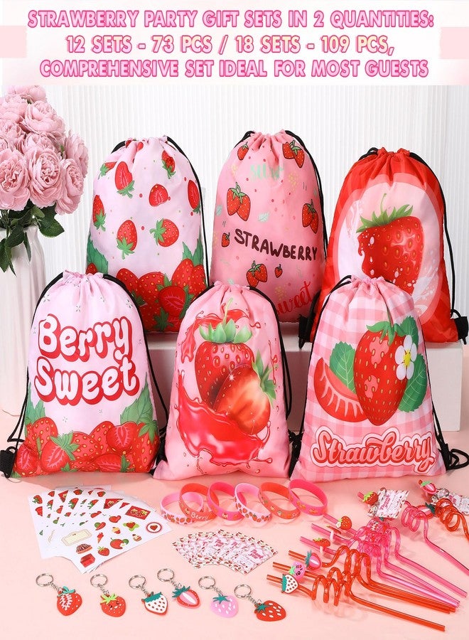 LemonRoad 73 Pcs Strawberry Party Favors Set Berry Birthday Supplies Includes Drawstring Bags Keychains Bracelets Stickers Straws Tags for Strawberry Theme Baby Shower Party - Image 4