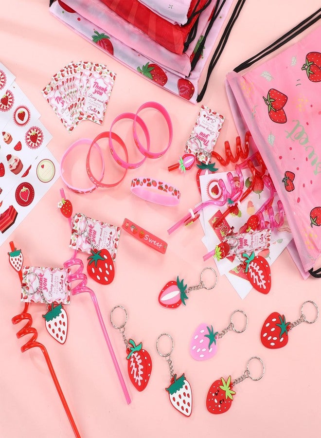LemonRoad 73 Pcs Strawberry Party Favors Set Berry Birthday Supplies Includes Drawstring Bags Keychains Bracelets Stickers Straws Tags for Strawberry Theme Baby Shower Party - Image 3