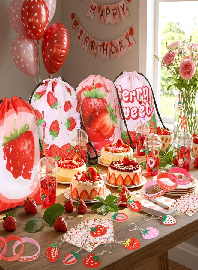 LemonRoad 73 Pcs Strawberry Party Favors Set Berry Birthday Supplies Includes Drawstring Bags Keychains Bracelets Stickers Straws Tags for Strawberry Theme Baby Shower Party - Image 5