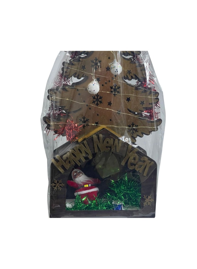 Wooden Christmas tree with "Happy New Year" illustrations and a cheerful Santa Claus figure 60cm. - Image 2