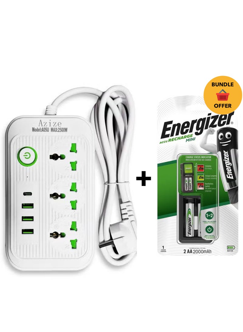 Energizer Mini charger with 2 AA Rechargeable Batteries  (2000 mAh) Multicolour & A05U Smart Power Strip, Multi-Outlet with Surge Protection, 3 2500W Power Outlets, 3 USB Ports, and 1 Type-C Port, Fast and Safe Charging, Stylish White Design, Ideal for Home, Office and Smart DevicesBundle - Image 1