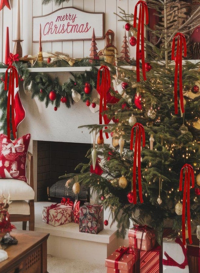 بيسماهير قطع من شرائط زينة إكليل عيد الميلاد المخملية الكبيرة 23.5 × 15.5 بوصة، شرائط لتزيين قمة شجرة عيد الميلاد، شرائط زينة ريفية للسلالم، شرائط هدايا لتزيين أكاليل عيد الميلاد الخارجية (أحمر) - Image 5