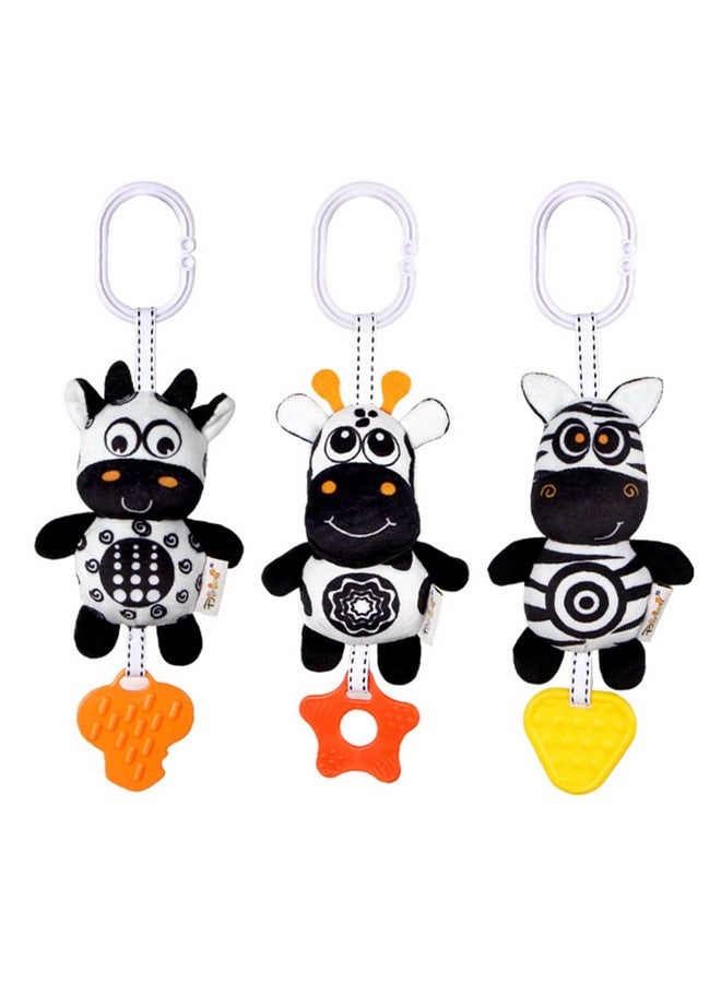 KAKIBLIN 3 Pack Hanging Rattle Toys, High Contrast Baby Hanging Toys and Plush Stroller Toys for Babies 0-18 Months,Newborn Car Seat Toys with Black and White Cartoon Shapes (21CM, Zebra,Deer&Cow) - Image 1