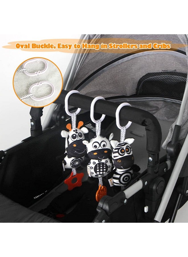 KAKIBLIN 3 Pack Hanging Rattle Toys, High Contrast Baby Hanging Toys and Plush Stroller Toys for Babies 0-18 Months,Newborn Car Seat Toys with Black and White Cartoon Shapes (21CM, Zebra,Deer&Cow) - Image 5