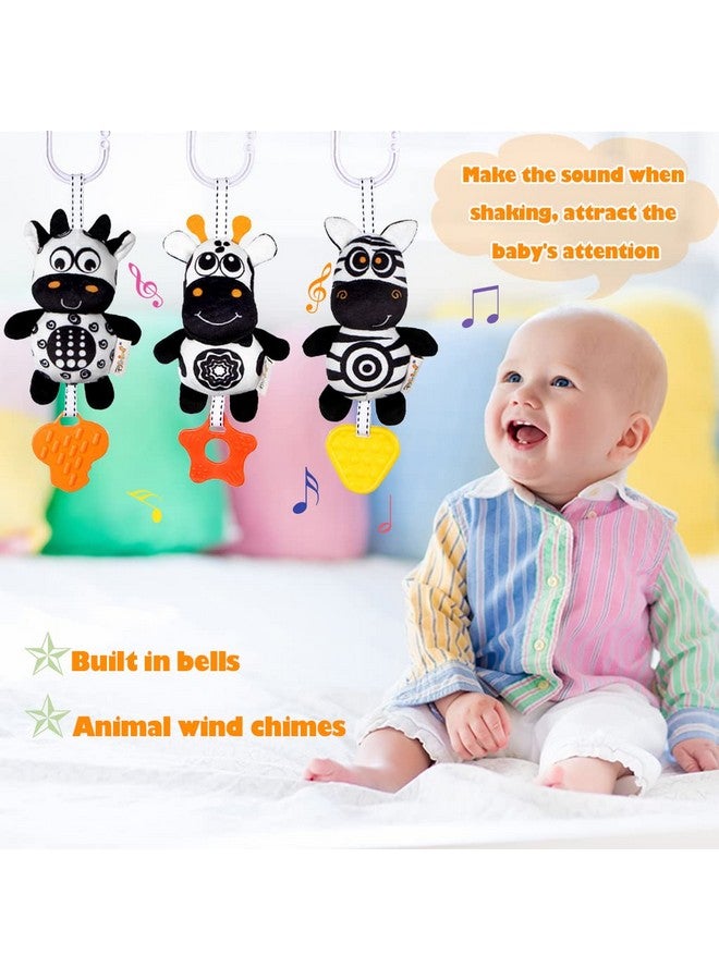 KAKIBLIN 3 Pack Hanging Rattle Toys, High Contrast Baby Hanging Toys and Plush Stroller Toys for Babies 0-18 Months,Newborn Car Seat Toys with Black and White Cartoon Shapes (21CM, Zebra,Deer&Cow) - Image 2