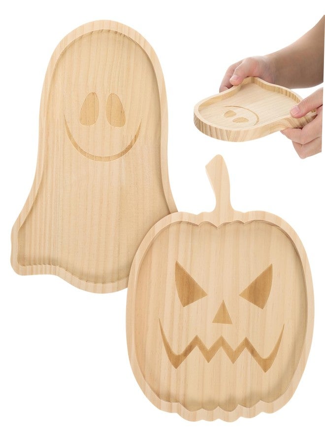 JECOMPRIS Halloween Wooden Pumpkin Tray and Ghost Snack Serving Dish 7.5 Inch Food Plate for Party Home Decor and Entertaining - Image 1