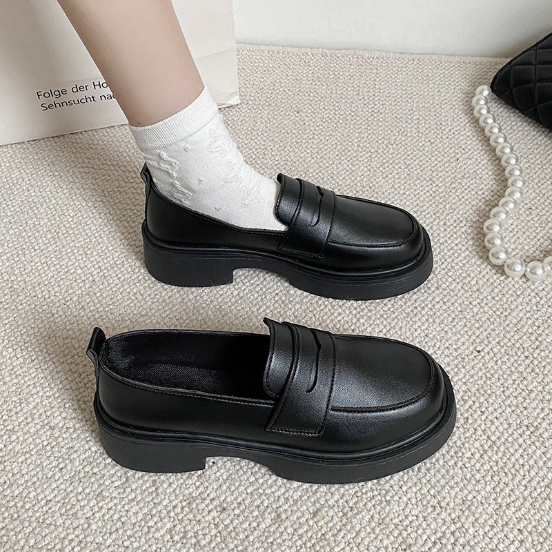 British Style Leather Loafers Women Spring Autumn Matte Black 