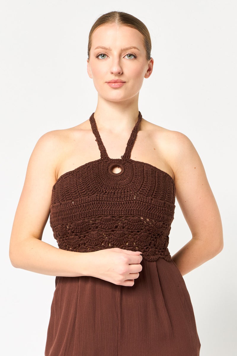 promod Women Crochet Sleeveless Jumpsuit, Dark Brown - Image 3