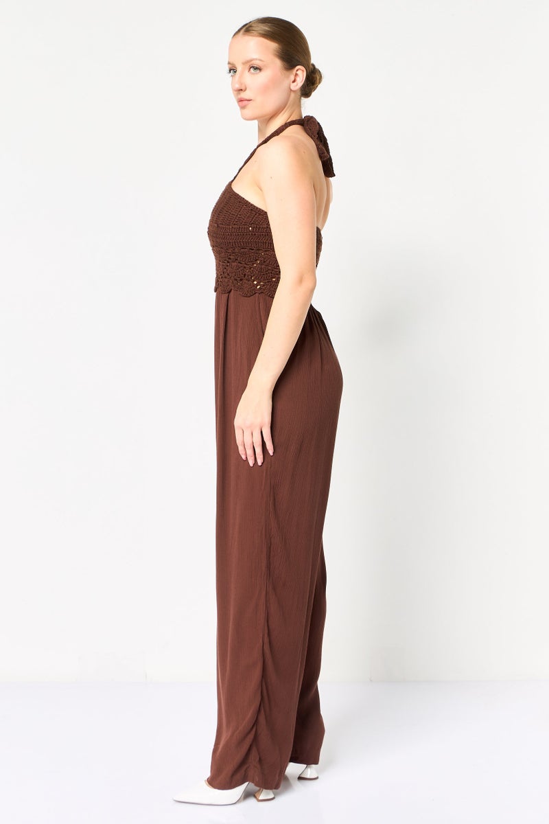 promod Women Crochet Sleeveless Jumpsuit, Dark Brown - Image 4