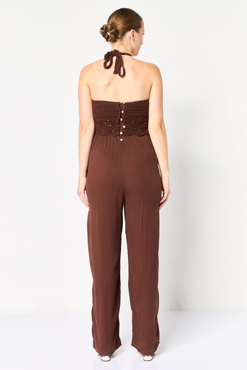 promod Women Crochet Sleeveless Jumpsuit, Dark Brown - Image 2
