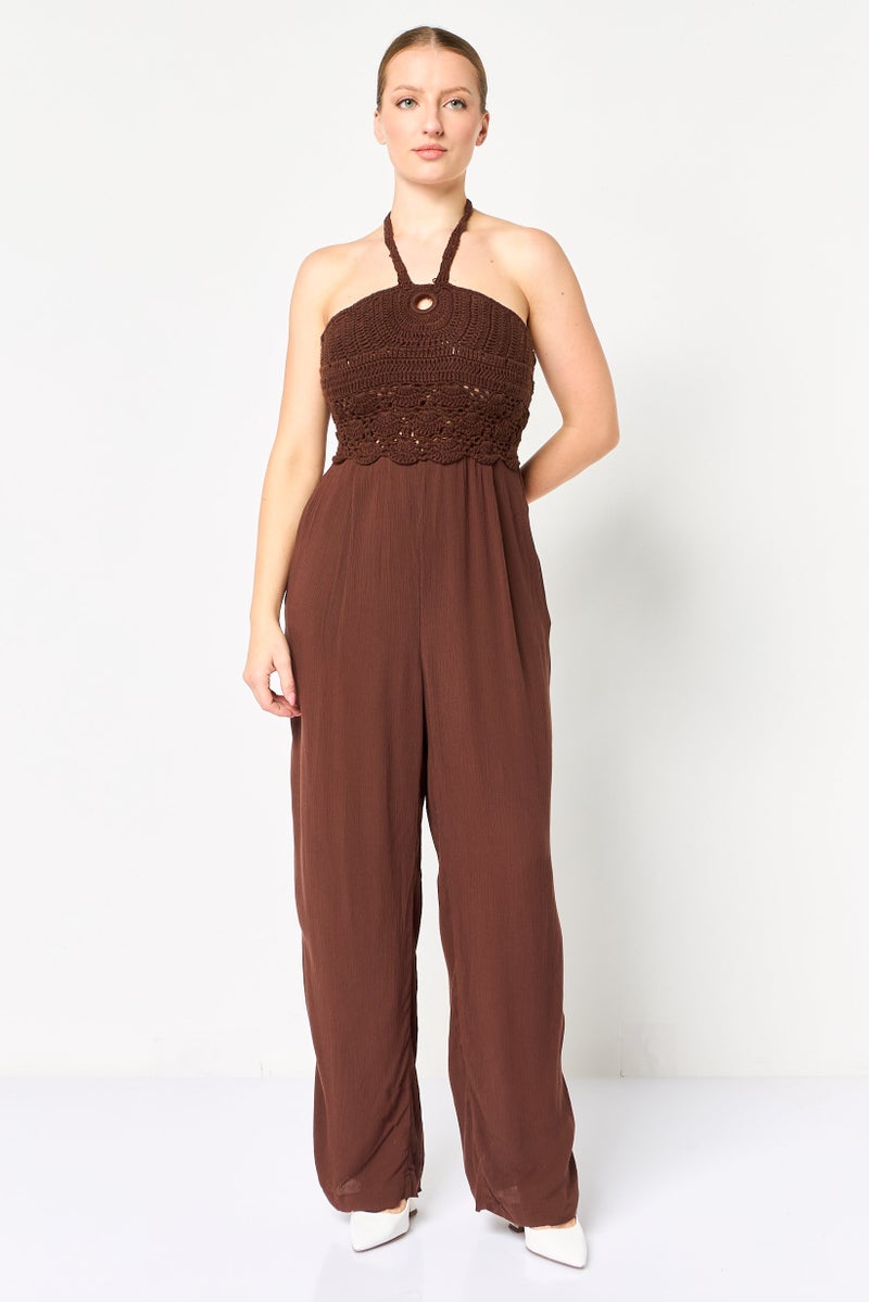 promod Women Crochet Sleeveless Jumpsuit, Dark Brown - Image 1