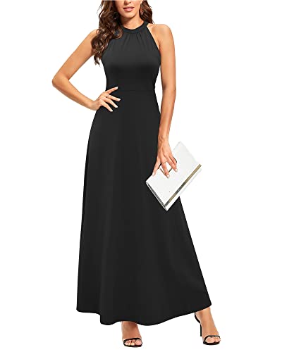 STYLEWORD Women's Summer Halter Neck Long Formal Dress Sexy Sleeveless Cocktail Evening Party Wedding Guest Maxi Dresses(Black,L) - Image 1