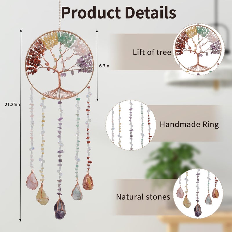 Dreamsum Tree of Life Moon Dreamcatcher - Dreamsum Natural Stones Wind Chimes with Healing Crystal Wall Decor Crystal Dream Catchers Wall Hangings for Room, Garden, Wedding Colorful Hanging Decor Gift - Image 2