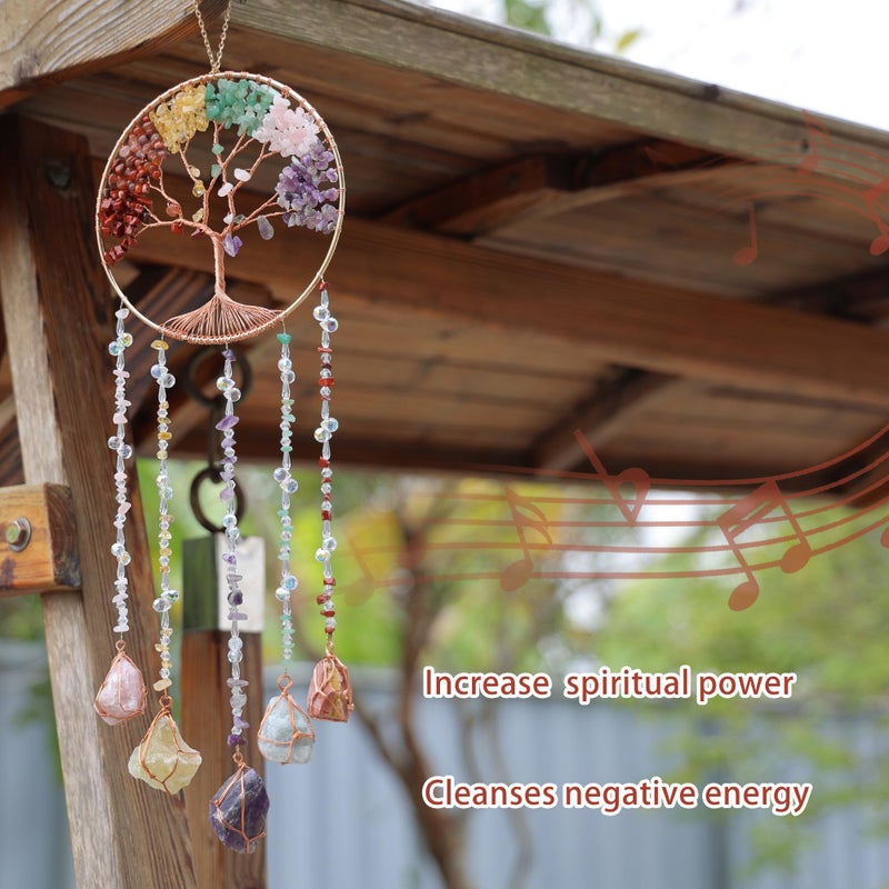 Dreamsum Tree of Life Moon Dreamcatcher - Dreamsum Natural Stones Wind Chimes with Healing Crystal Wall Decor Crystal Dream Catchers Wall Hangings for Room, Garden, Wedding Colorful Hanging Decor Gift - Image 4