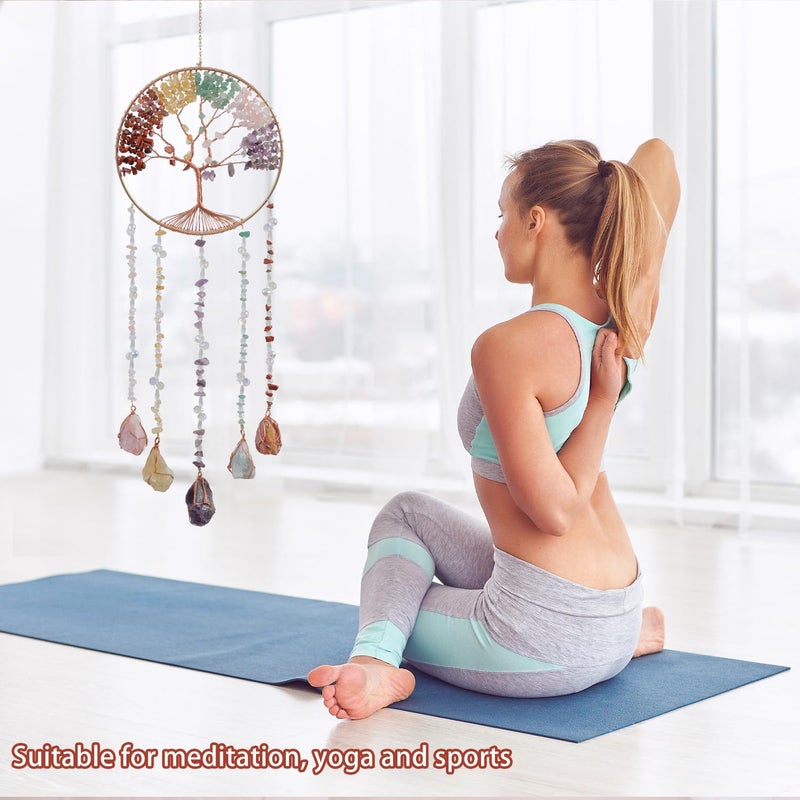 Dreamsum Tree of Life Moon Dreamcatcher - Dreamsum Natural Stones Wind Chimes with Healing Crystal Wall Decor Crystal Dream Catchers Wall Hangings for Room, Garden, Wedding Colorful Hanging Decor Gift - Image 5