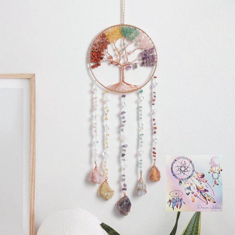 Dreamsum Tree of Life Moon Dreamcatcher - Dreamsum Natural Stones Wind Chimes with Healing Crystal Wall Decor Crystal Dream Catchers Wall Hangings for Room, Garden, Wedding Colorful Hanging Decor Gift - Image 1