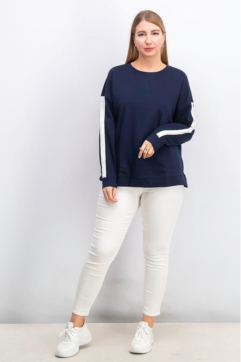 Women Crew Neck Colorblock Sweatshirt, Navy