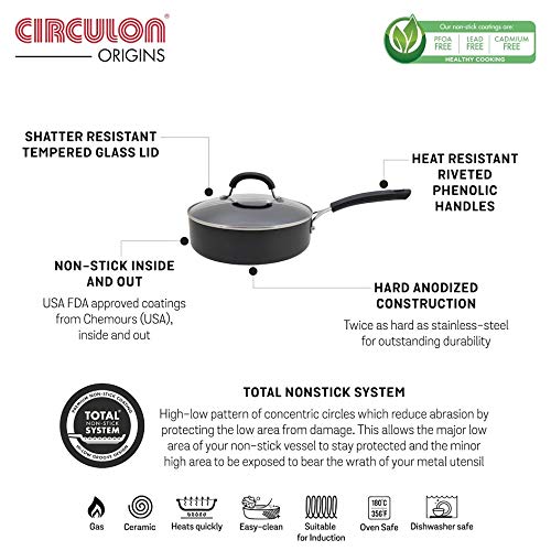 Circulon مقلاة ساوتيه من سيركولون أوريجنز مصنوعة من الألمنيوم المؤكسد الصلب مع غطاء، مقلاة غير لاصقة كبيرة الحجم متوافقة مع الغاز والتحريض 24 سم باللون الأسود - Image 4
