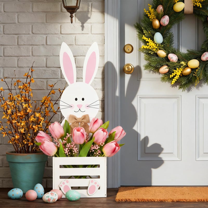 Teecyhooo Large Easter Decorations Outdoor Wooden Bunny Planter Box Flower Pot Easter Bunny Yard Decorationsfor Porch Decor Front Door Outdoor Indoor Patio Lawn Garden Backyard 31.5''h - Image 1
